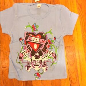 Ed Hardy Light Blue Skull Graphic Tee